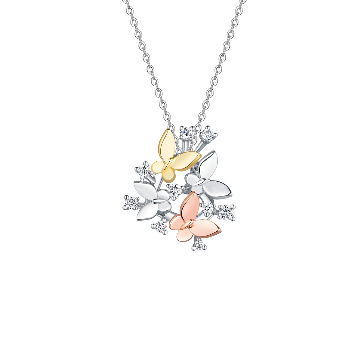 六福珠寶18K金頸鏈 - "蝶舞"18K金(分色)鑽石頸鏈