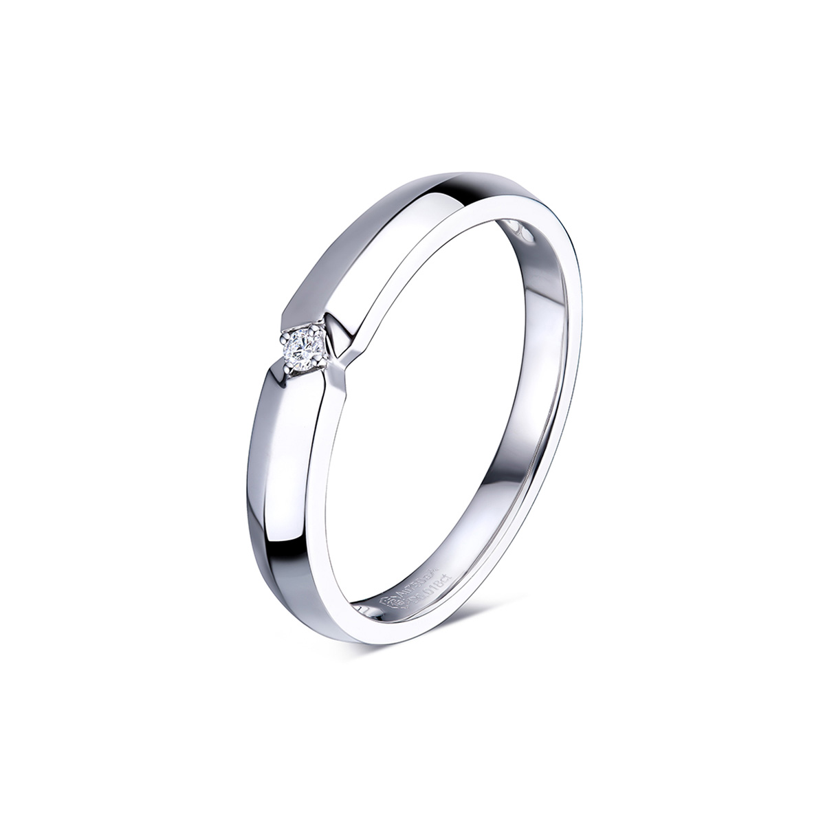 六福珠寶18K金對戒 - "一見傾心"劍脊設計18K金(白色)鑽石情侶對戒(男戒)