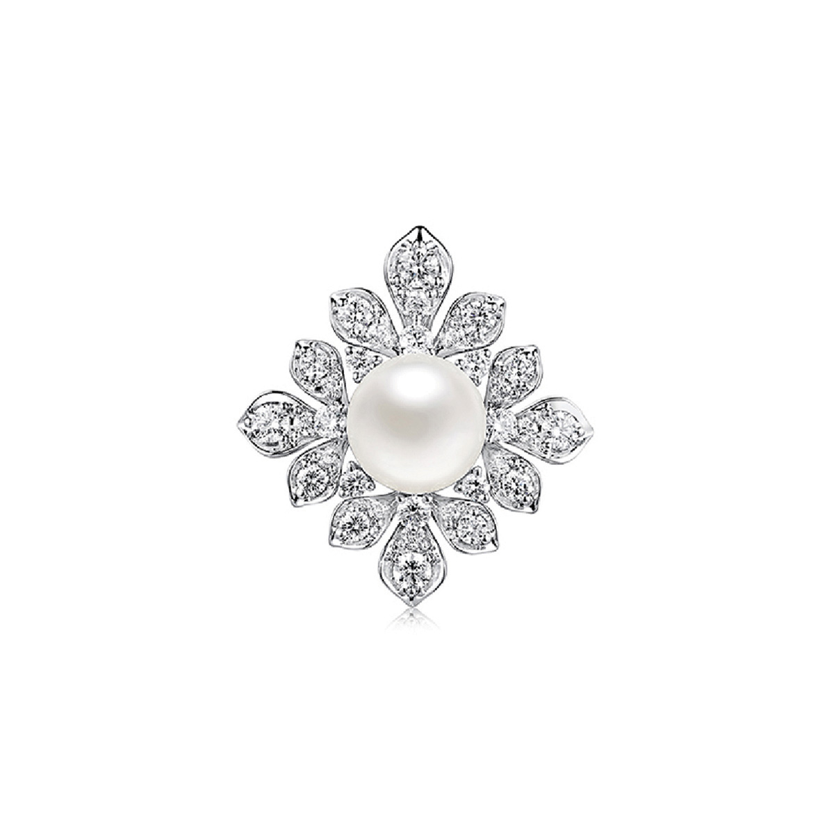 六福珠寶18K金吊墜 - "繁花傾綻"18K金(白色)珍珠鑽石吊墜