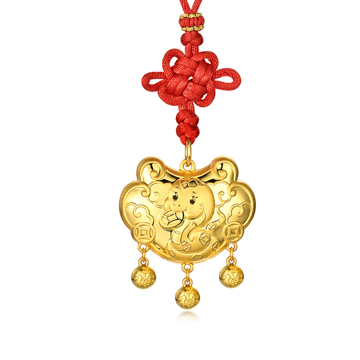 六福珠寶黃金吊墜 - “招財進寶”999.9黃金鎖包連精美頸繩