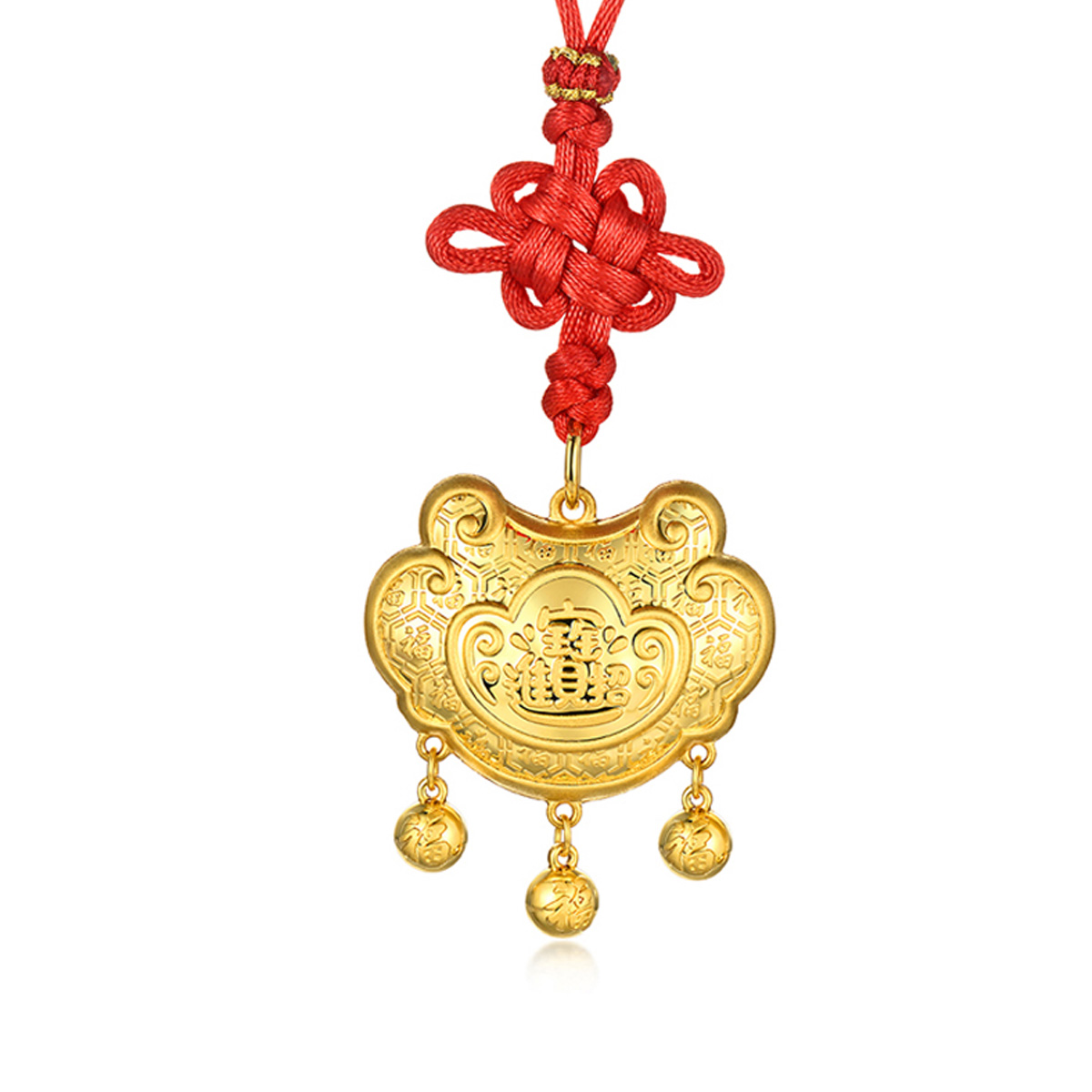 六福珠寶黃金吊墜 - “招財進寶”999.9黃金鎖包連精美頸繩