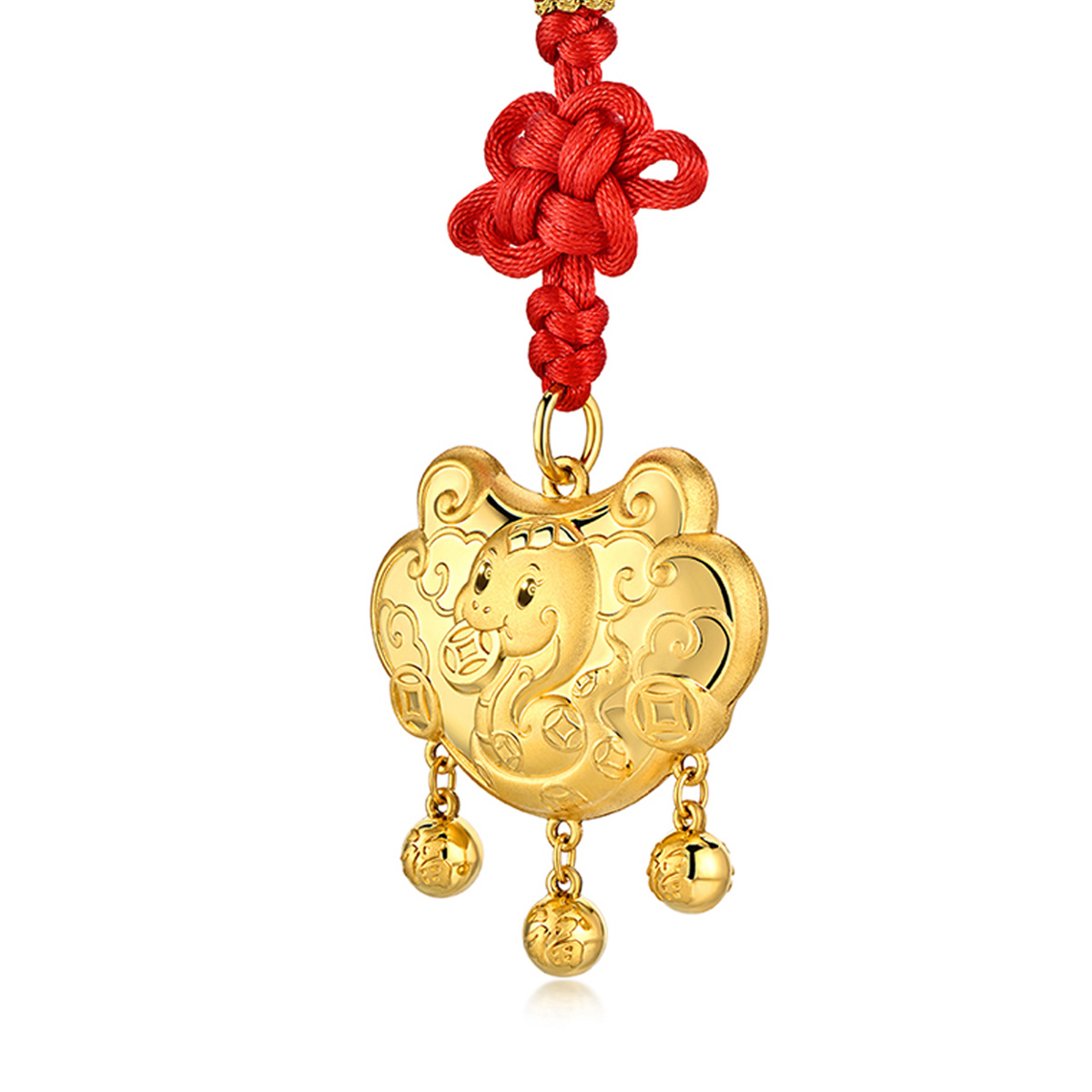 六福珠寶黃金吊墜 - “招財進寶”999.9黃金鎖包連精美頸繩