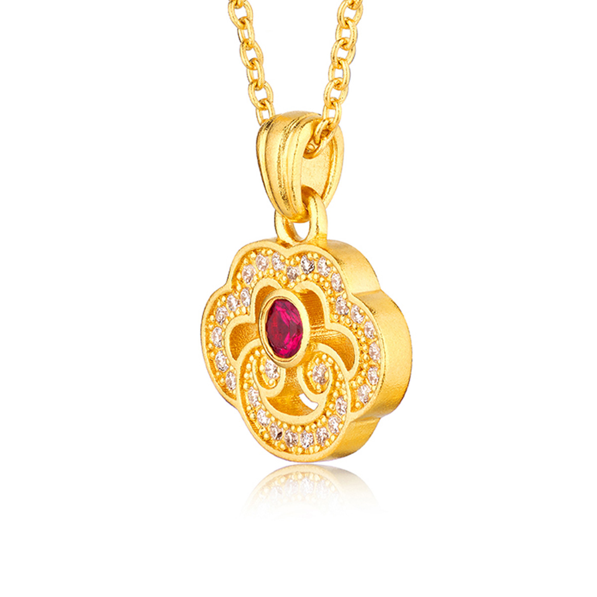 六福珠寶黃金吊墜 - "紅運如意"999.9黃金紅寶石鑽石吊墜