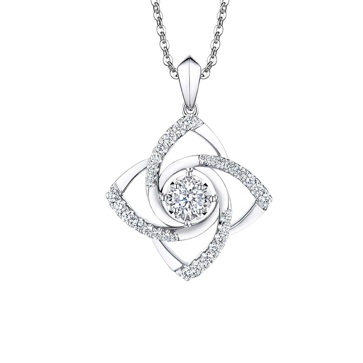 六福珠寶18K金吊墜 - "風車花"18K金(白色)放閃車花片鑽石吊墜