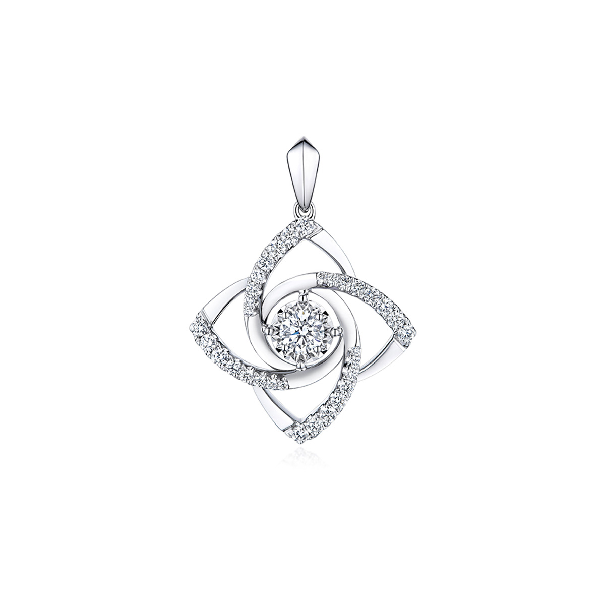 六福珠寶18K金吊墜 - "風車花"18K金(白色)放閃車花片鑽石吊墜