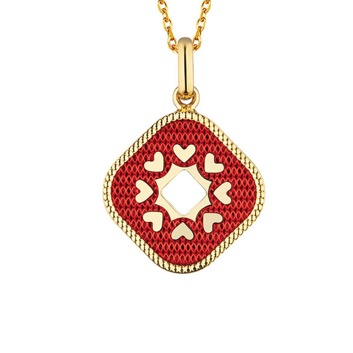 六福珠寶黃金吊墜 - "幸福小方"迷你心形990黃金琺瑯吊墜