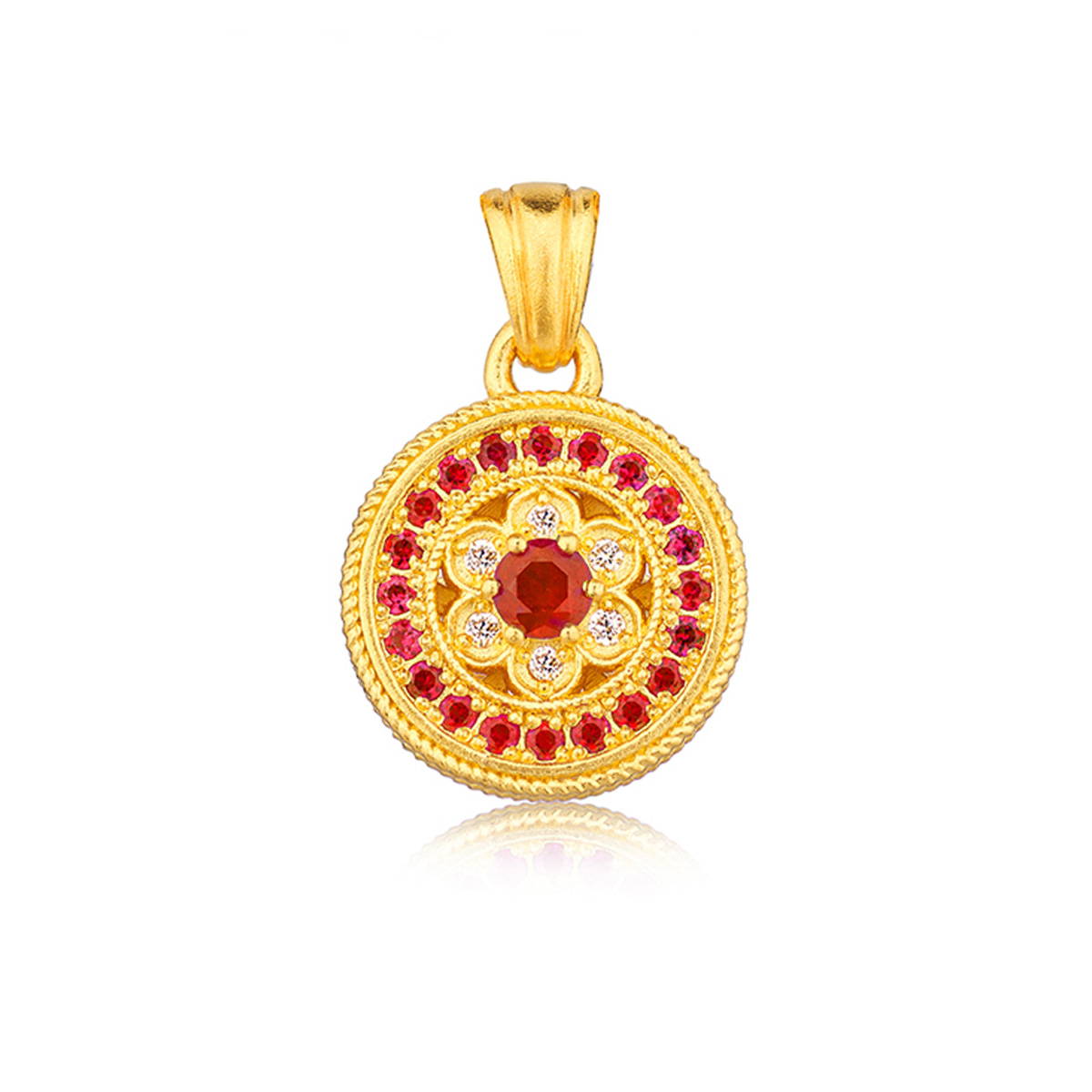 六福珠寶黃金吊墜 - "福蓮平安"999.9黃金紅寶石鑽石吊墜