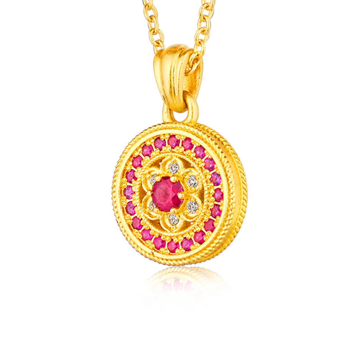 六福珠寶黃金吊墜 - "福蓮平安"999.9黃金紅寶石鑽石吊墜