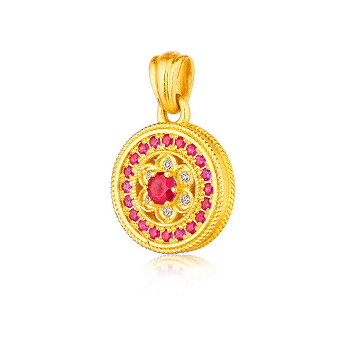 六福珠寶黃金吊墜 - "福蓮平安"999.9黃金紅寶石鑽石吊墜