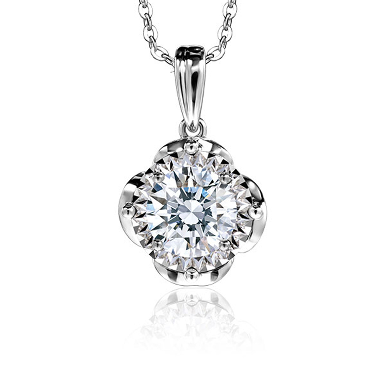 六福珠寶18K金吊墜 - "花映"18K金(白色)鑽石吊墜(放閃車花工藝)