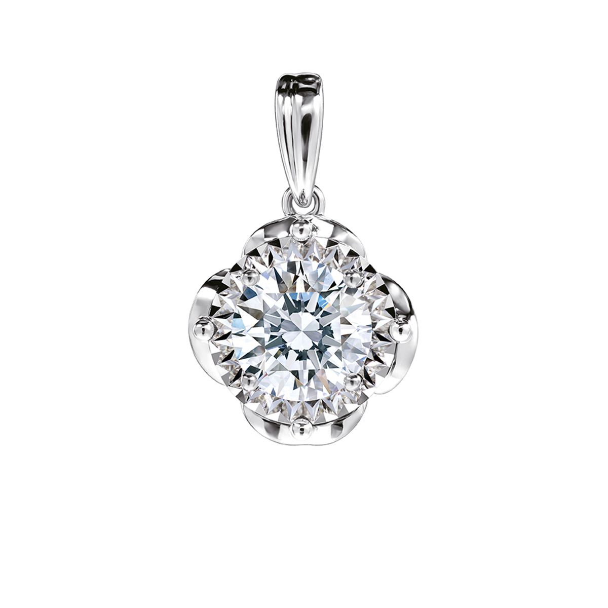 六福珠寶18K金吊墜 - "花映"18K金(白色)鑽石吊墜(放閃車花工藝)