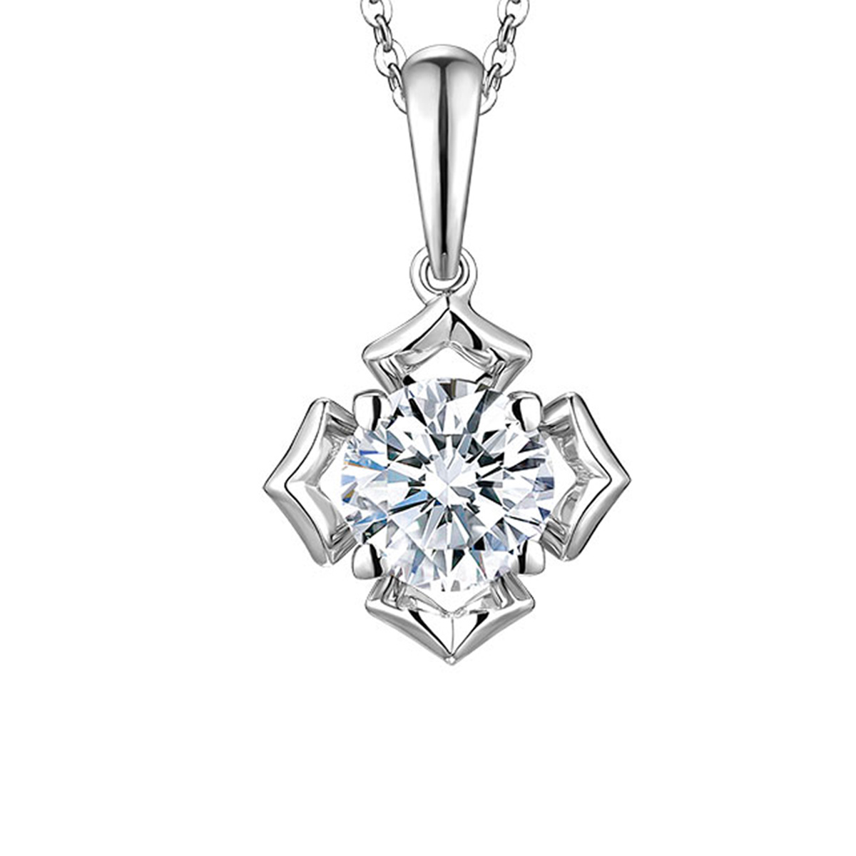 六福珠寶18K金吊墜 - "優雅花朵"18K金(白色)鑽石吊墜