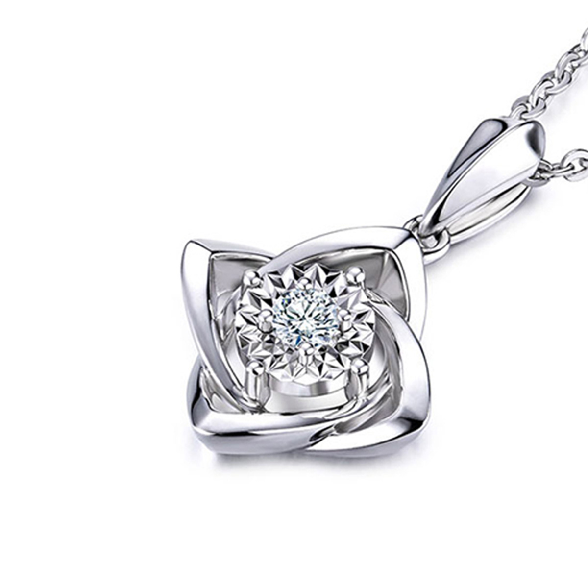 六福珠寶18K金吊墜 - "閃鑽星花"18K金(白色)鑽石吊墜