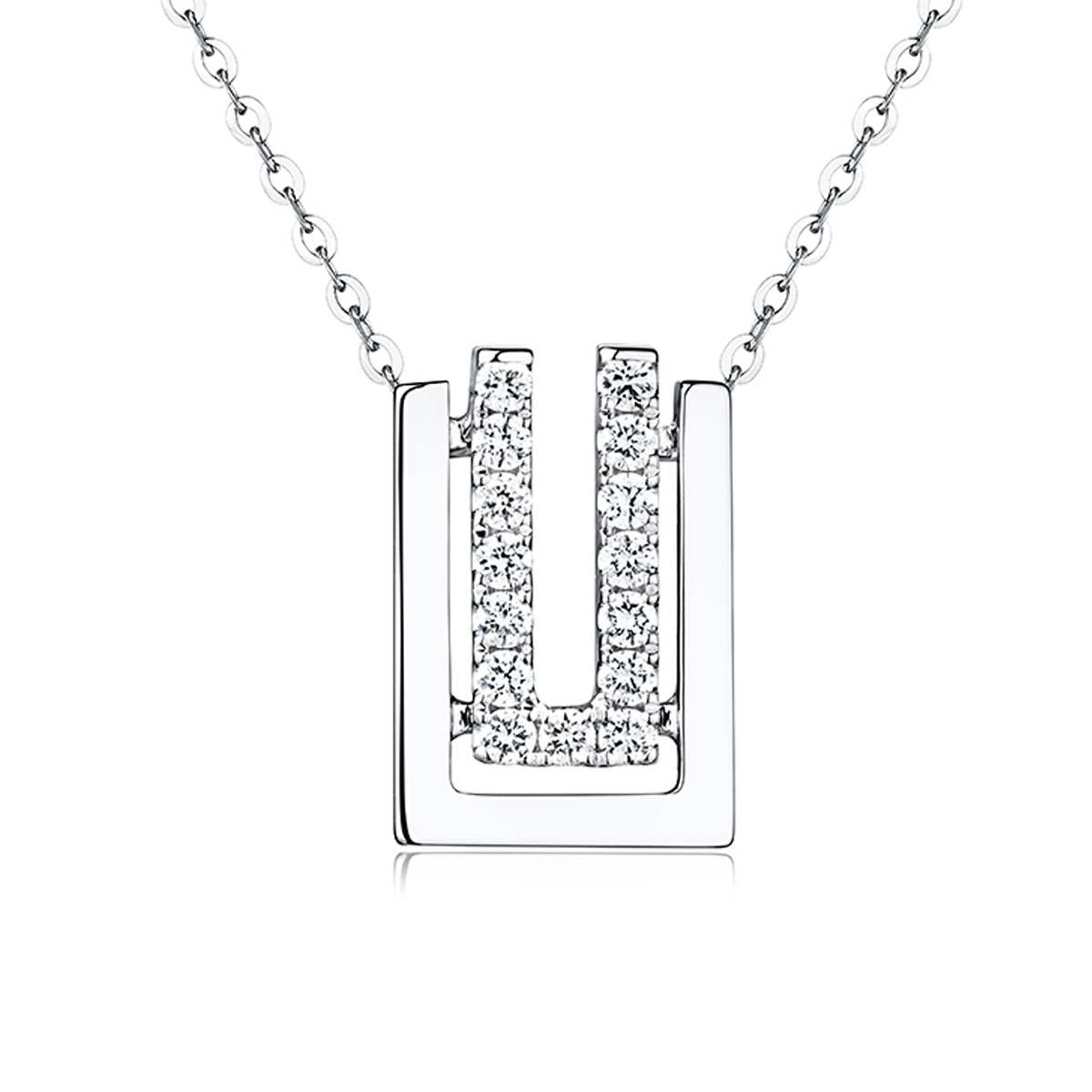 六福珠寶18K金吊墜 - “幾何對白”18K金(白色)鑽石吊墜