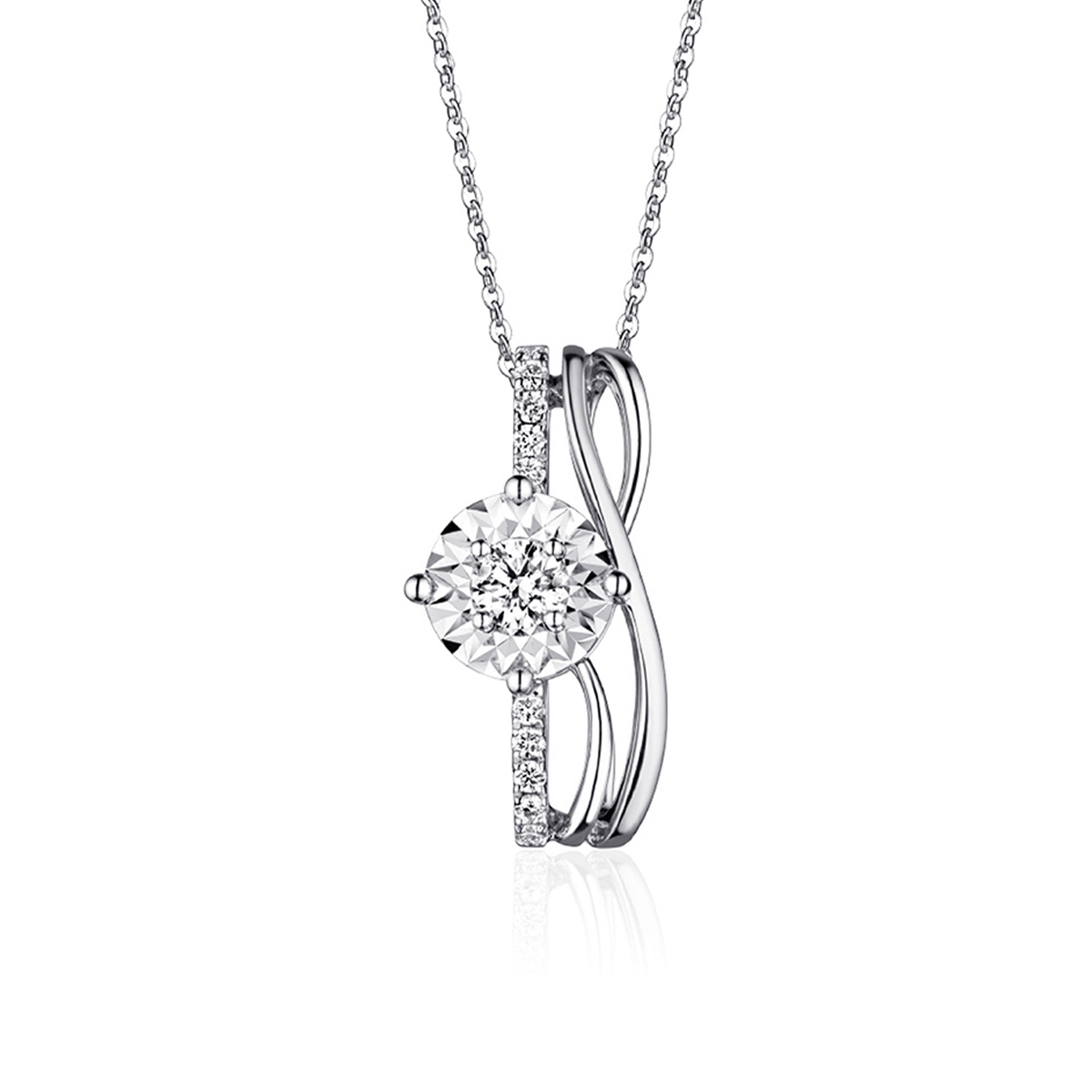 六福珠寶18K金吊墜 - "遇愛"線條造型18K金鑽石吊墜(放閃車花工藝)–多色選擇