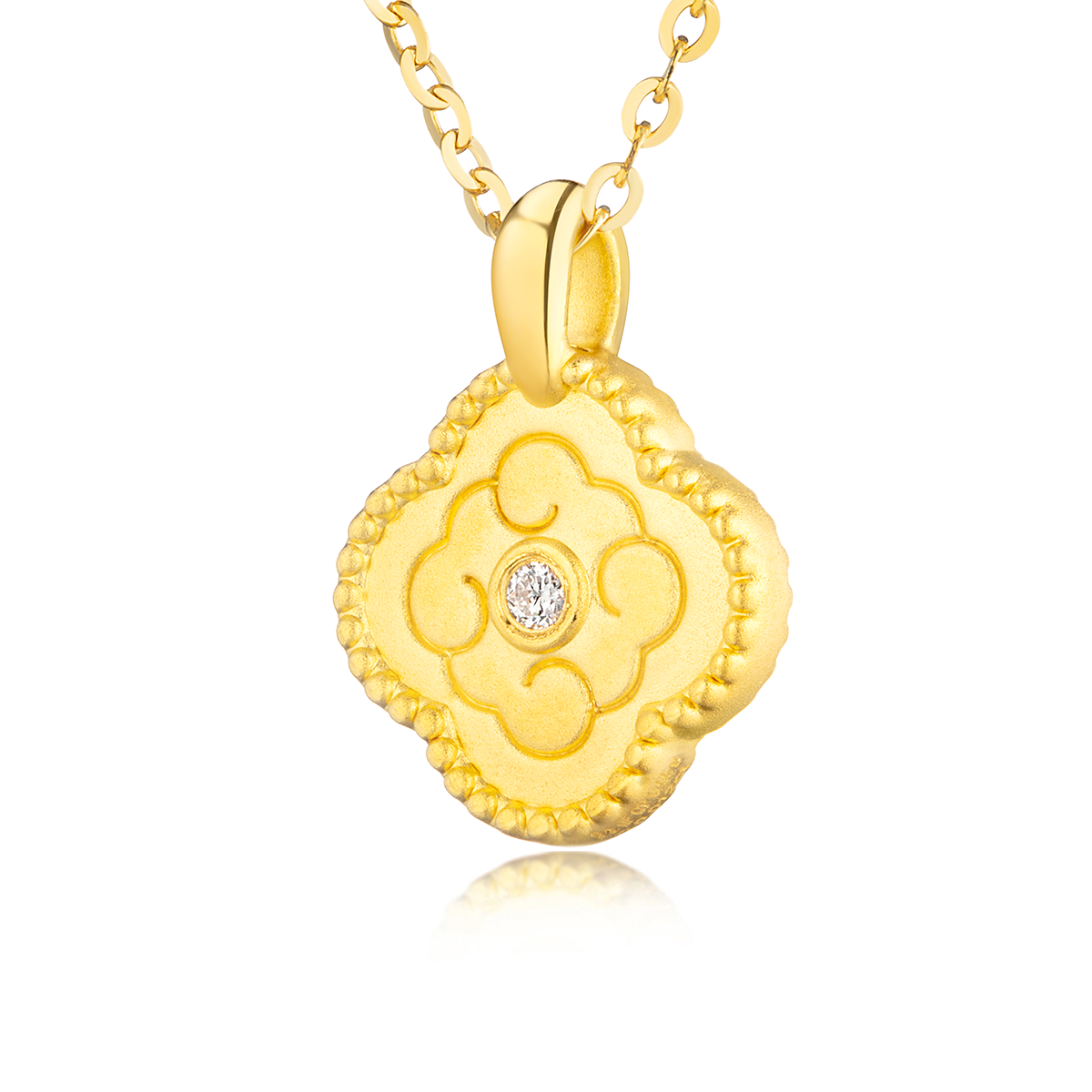 六福珠寶黃金吊墜 - "福幸如約"四葉草造型999足金鑽石吊墜