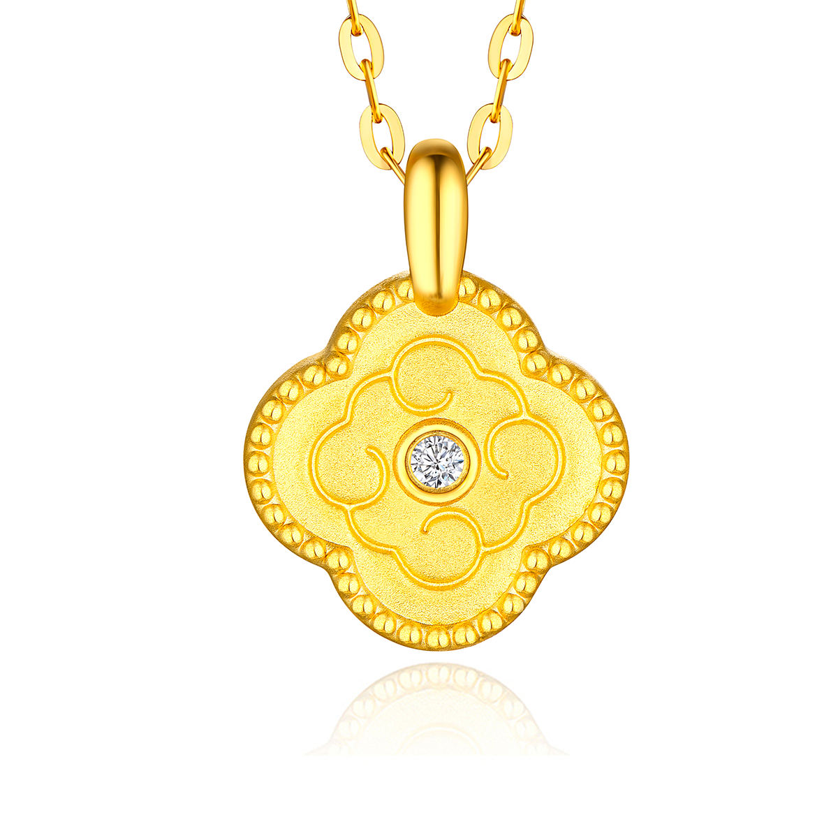 六福珠寶黃金吊墜 - "福幸如約"四葉草造型999足金鑽石吊墜