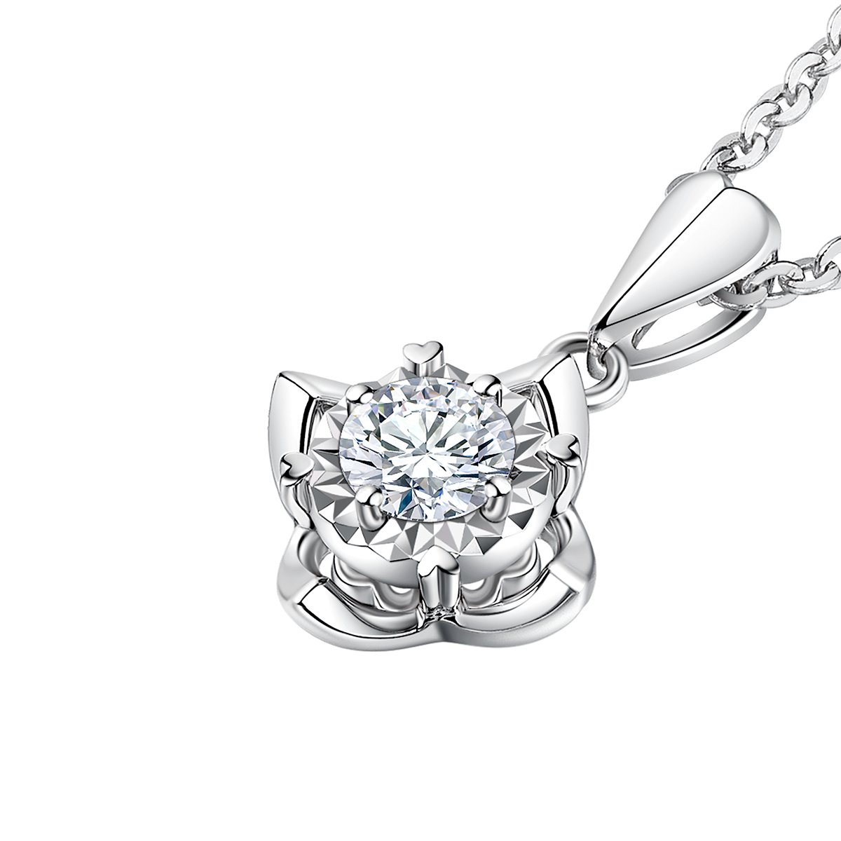 六福珠寶18K金吊墜 - "愛的花蕾"18K金(白色)鑽石吊墜(放閃車花工藝)