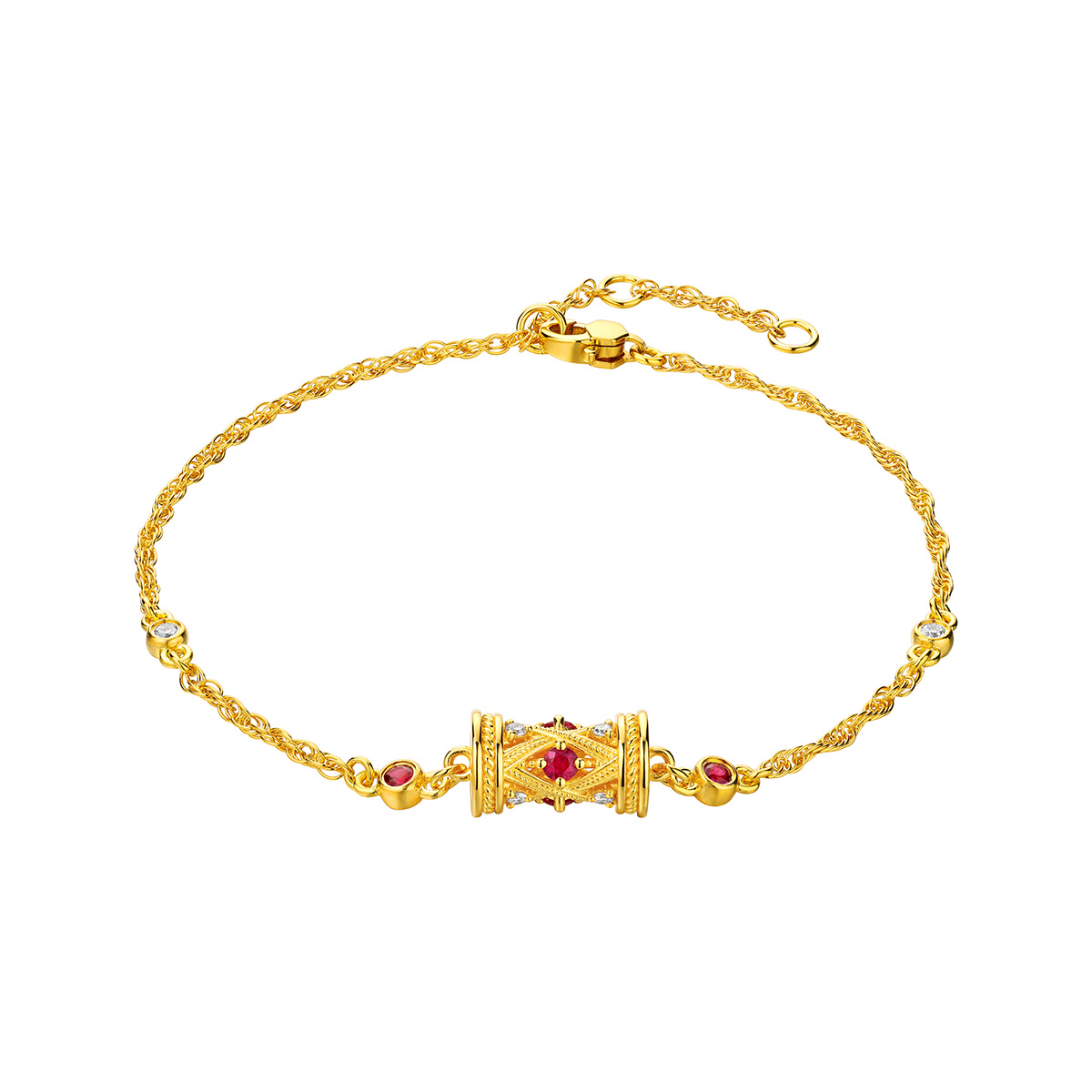 六福珠寶黃金手鏈 - "小腰鼓"999足金紅寶石鑽石手鏈
