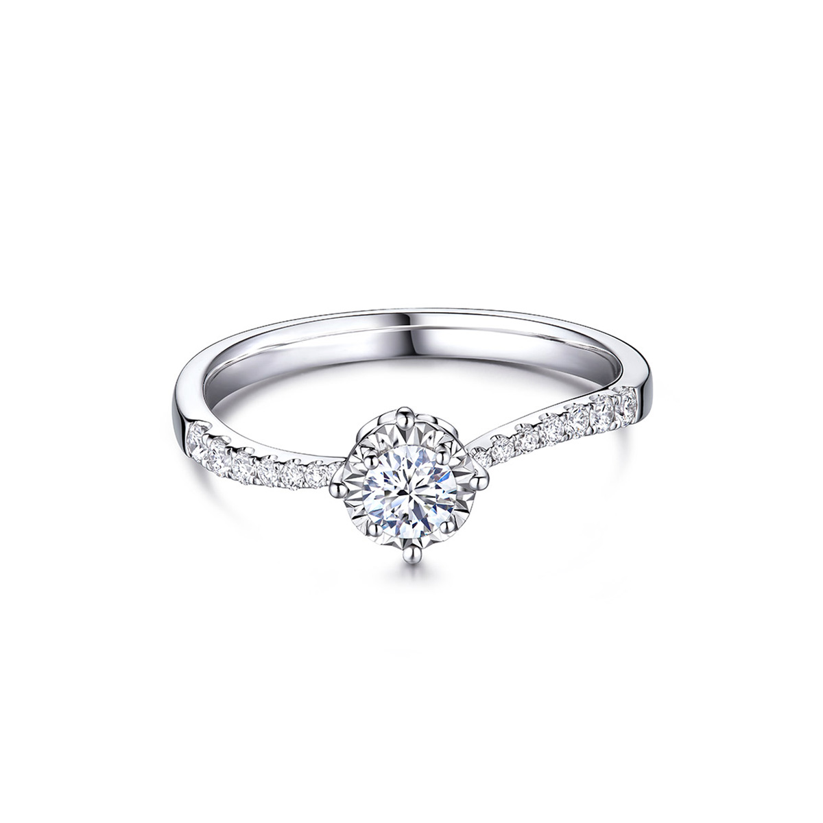 六福珠寶18K金戒指 - 愛很美18K金(白色)鑽石戒指(放閃車花工藝)