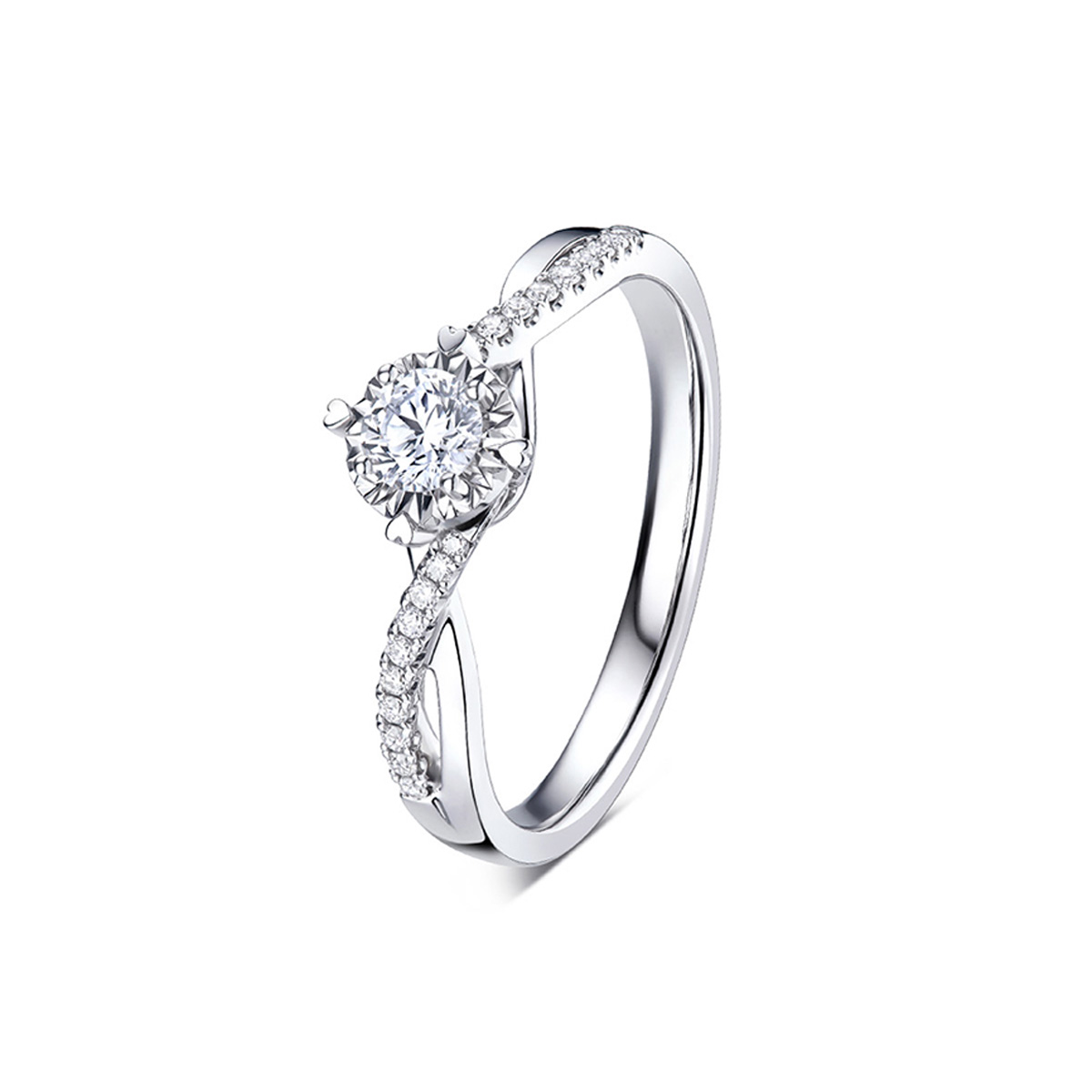 六福珠寶18K金戒指 - 愛很美18K金(白色)鑽石戒指(放閃車花工藝)