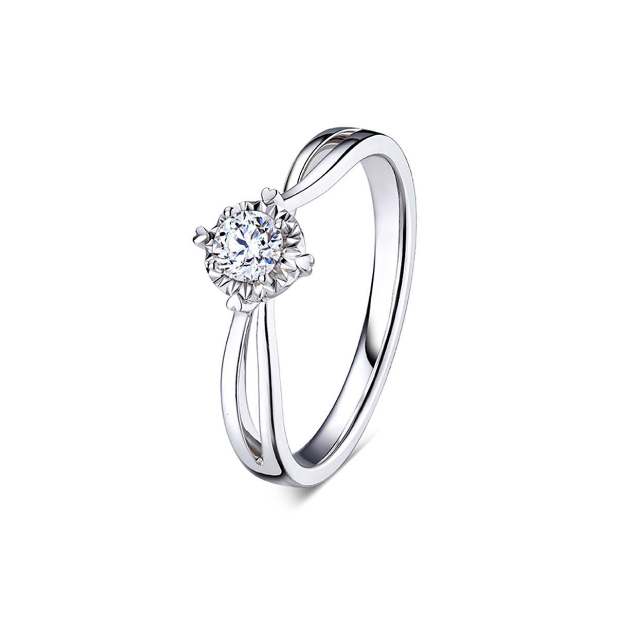 六福珠寶18K金戒指 - 心形18K金(白色)鑽石戒指(放閃車花工藝)