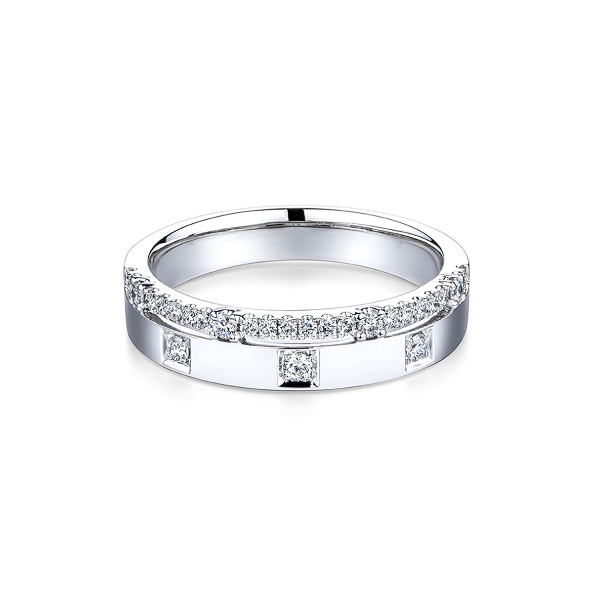 六福珠寶18K金戒指 - "鑽圈"18K金(白色)幾何雕刻鑽石戒指