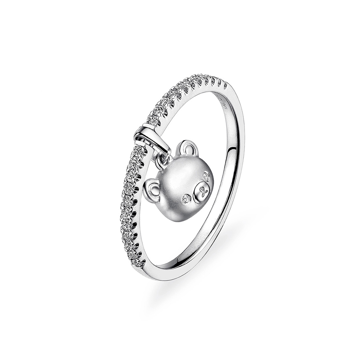 六福珠寶18K金戒指 - "小熊頭像"18K金(白色)鑽石戒指(一款兩戴)