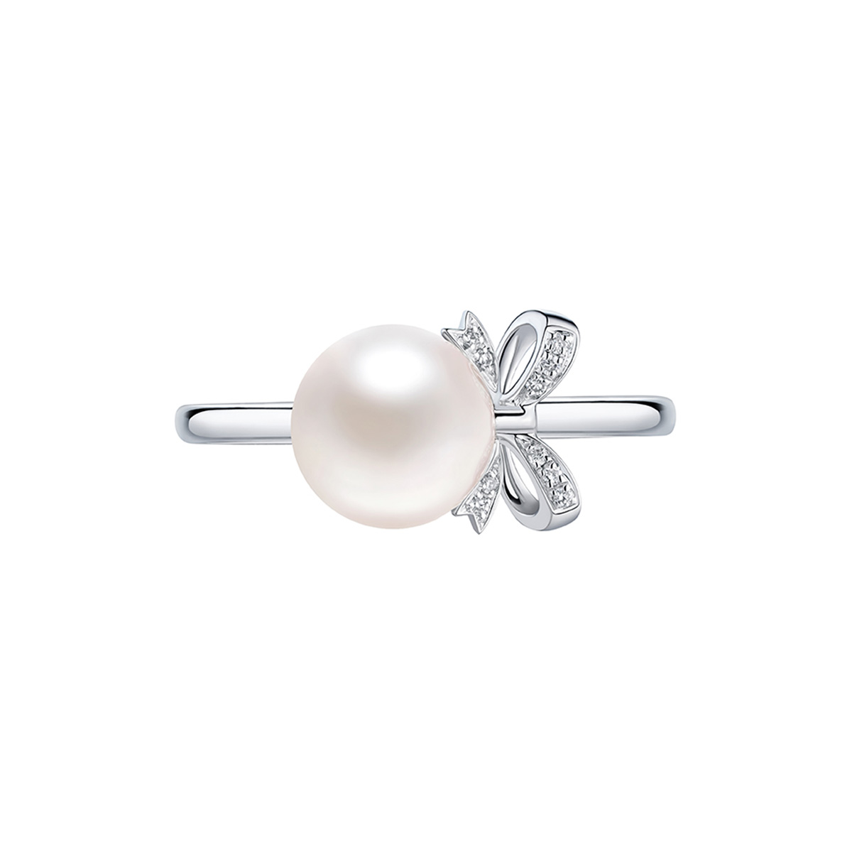 六福珠寶18K金戒指 - "蝴蝶結"18K金(白色)珍珠鑽石戒指