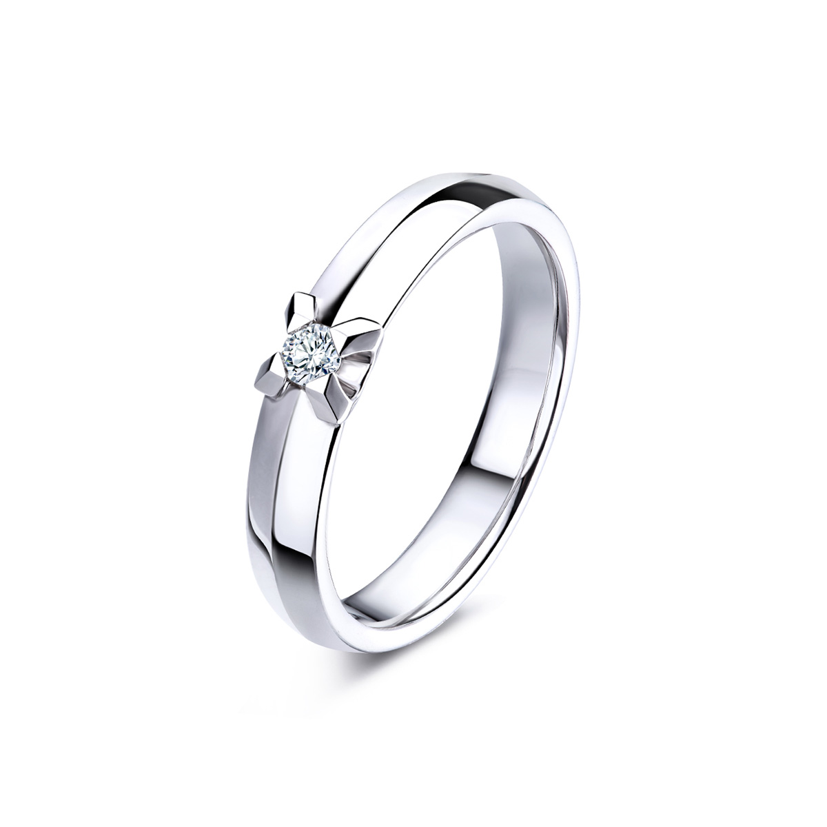 六福珠寶18K金戒指 - “Hexicon”18K金(白色)劍脊戒臂鑽石戒指