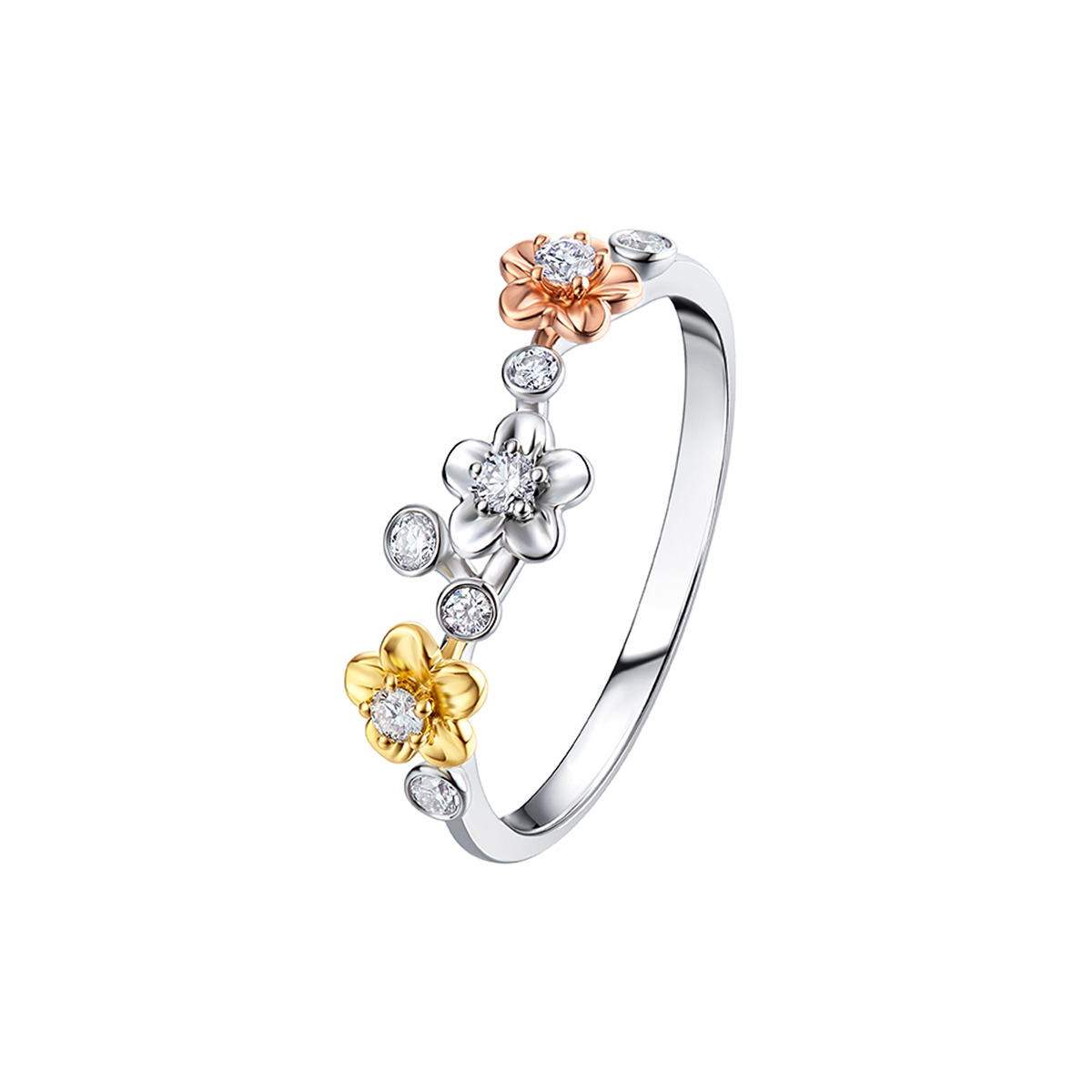 六福珠寶18K金戒指 - "繁花盛放"18K金(分色)花形鑽石戒指