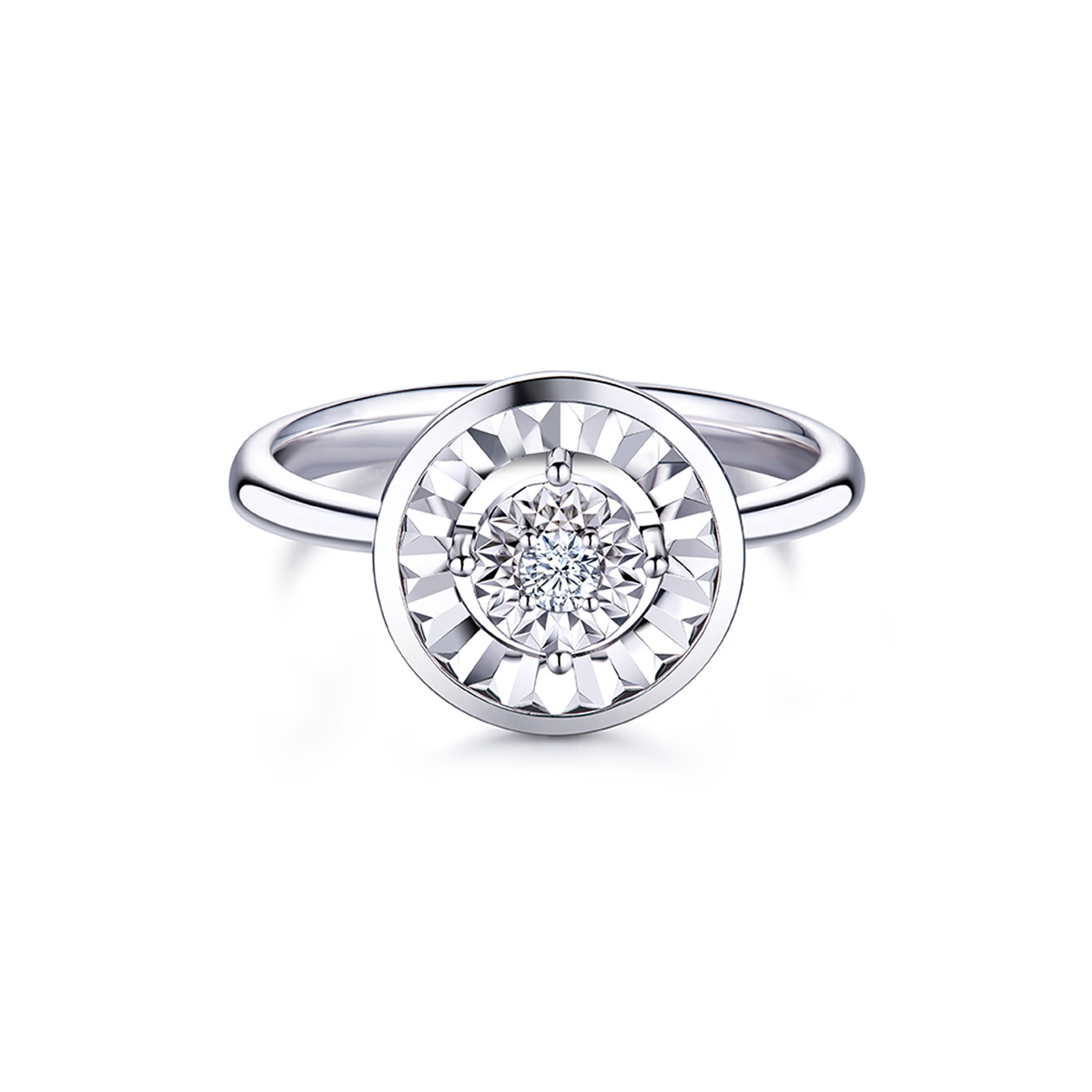 六福珠寶18K金戒指 - "經典"圓形18K金(白色)鑽石戒指(放閃車花工藝)