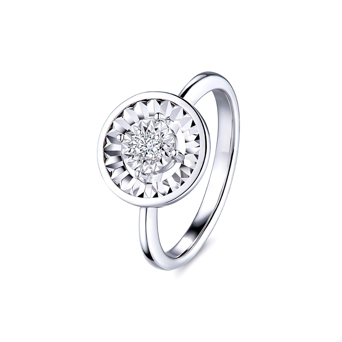 六福珠寶18K金戒指 - "經典"圓形18K金(白色)鑽石戒指(放閃車花工藝)