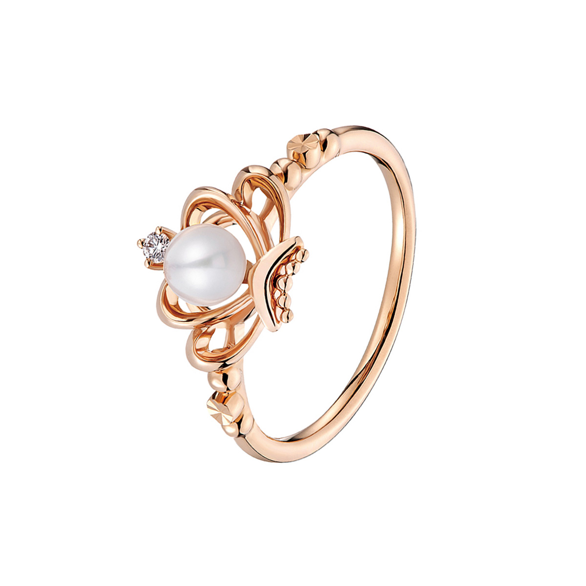 六福珠寶18K金戒指 - “貝愛"18K玫瑰金鑽石珍珠戒指
