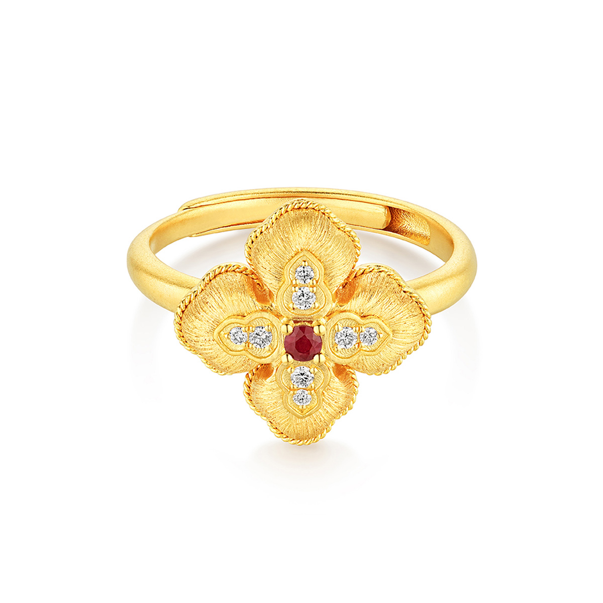 六福珠寶黃金戒指 - “如意納「囍」”999.9黃金紅寶石鑽石戒指