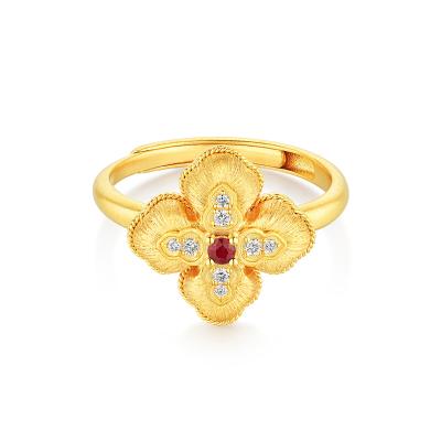 六福珠寶黃金戒指 - “如意納「囍」”999.9黃金紅寶石鑽石戒指