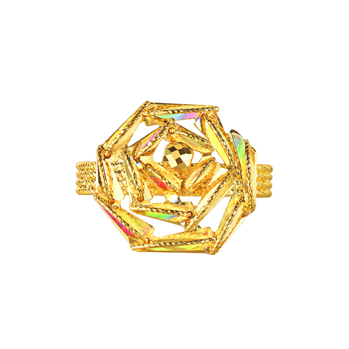 六福珠寶黃金戒指 - “冰‧鑽玫瑰”999足金戒指