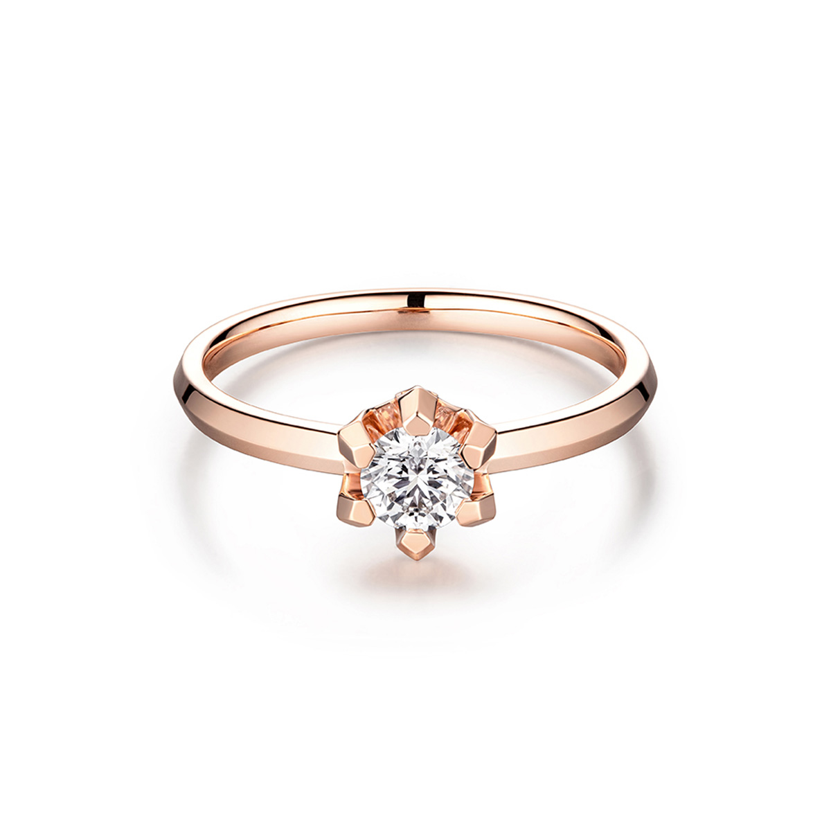 六福珠寶18K金戒指 - “Hexicon”18K玫瑰金三角爪鑽石戒指