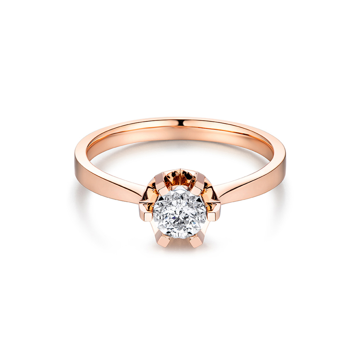 $t('六福珠寶')18K金戒指 - “Hexicon”18K玫瑰金長方爪鑽石戒指(放閃車花工藝)