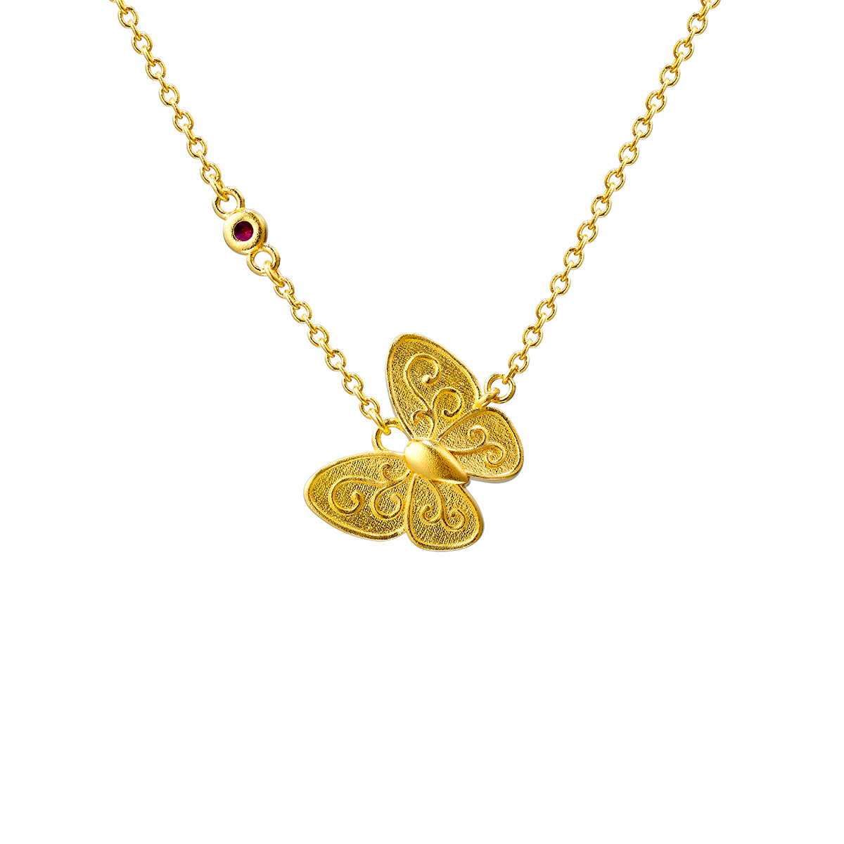 六福珠寶黃金頸鏈 - "花香蝶舞"999.9黃金紅寶石鑽石頸鏈