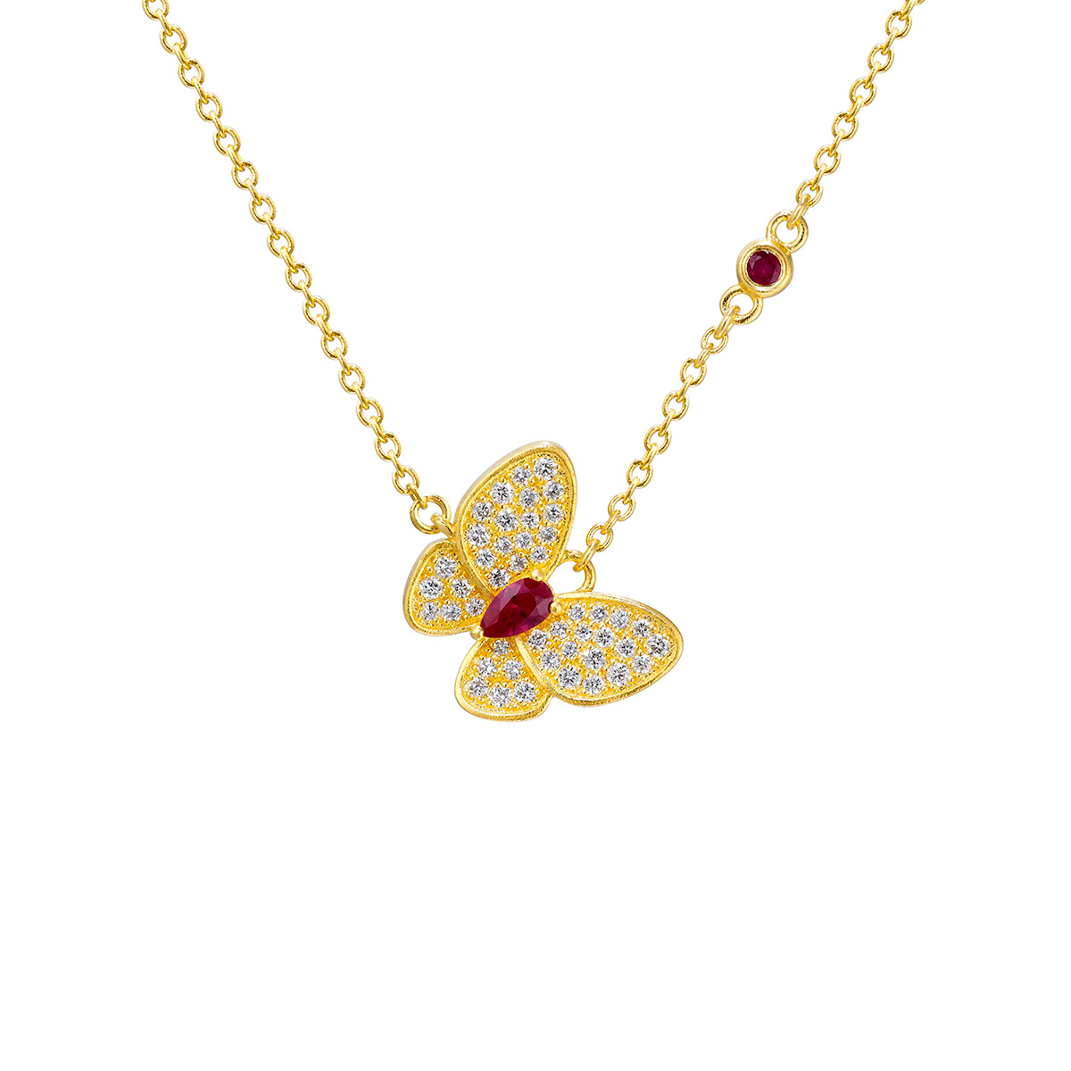 六福珠寶黃金頸鏈 - "花香蝶舞"999.9黃金紅寶石鑽石頸鏈