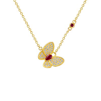 六福珠寶黃金頸鏈 - "花香蝶舞"999.9黃金紅寶石鑽石頸鏈