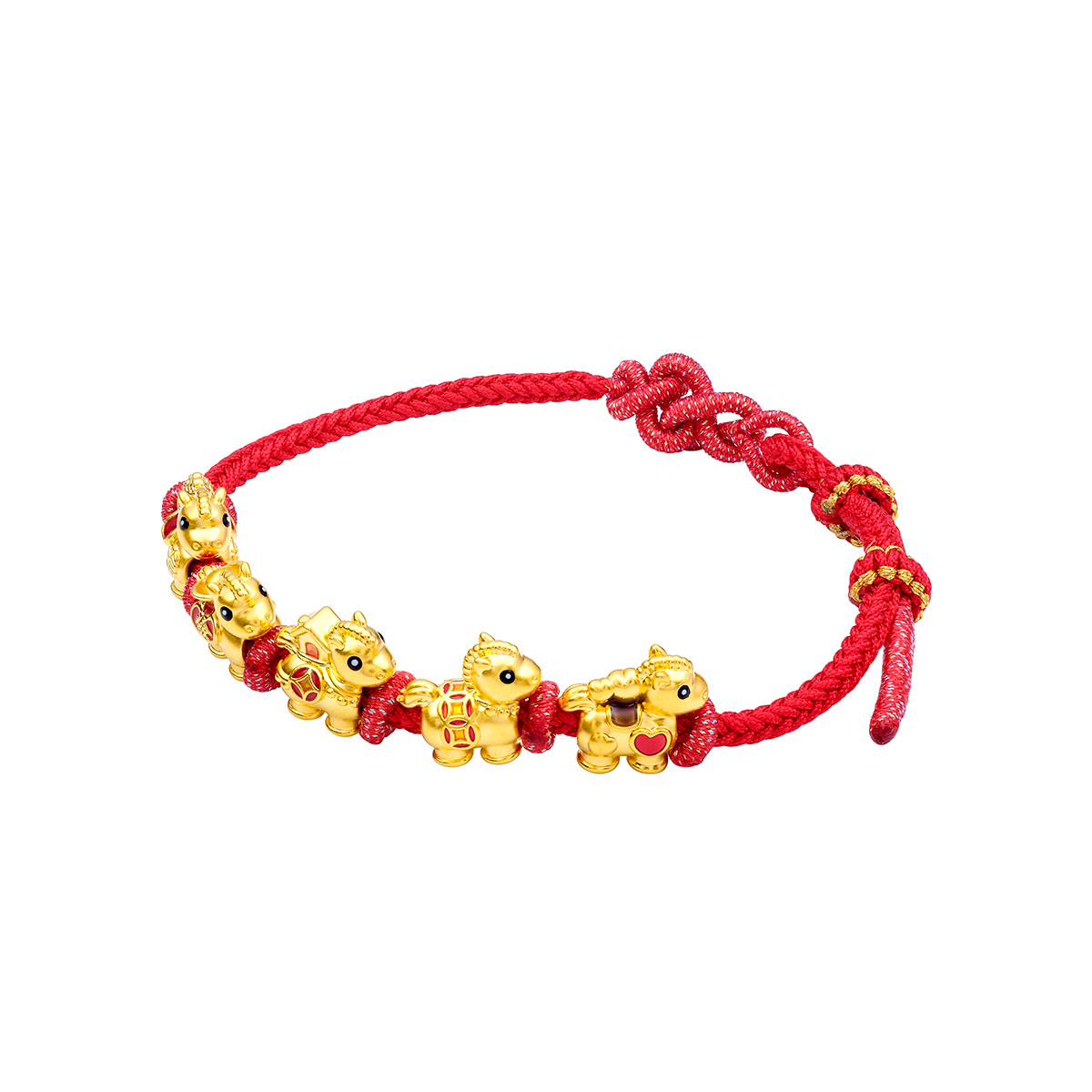 六福珠寶黃金串飾 - “五福馬”999足金鎏彩串飾連手繩