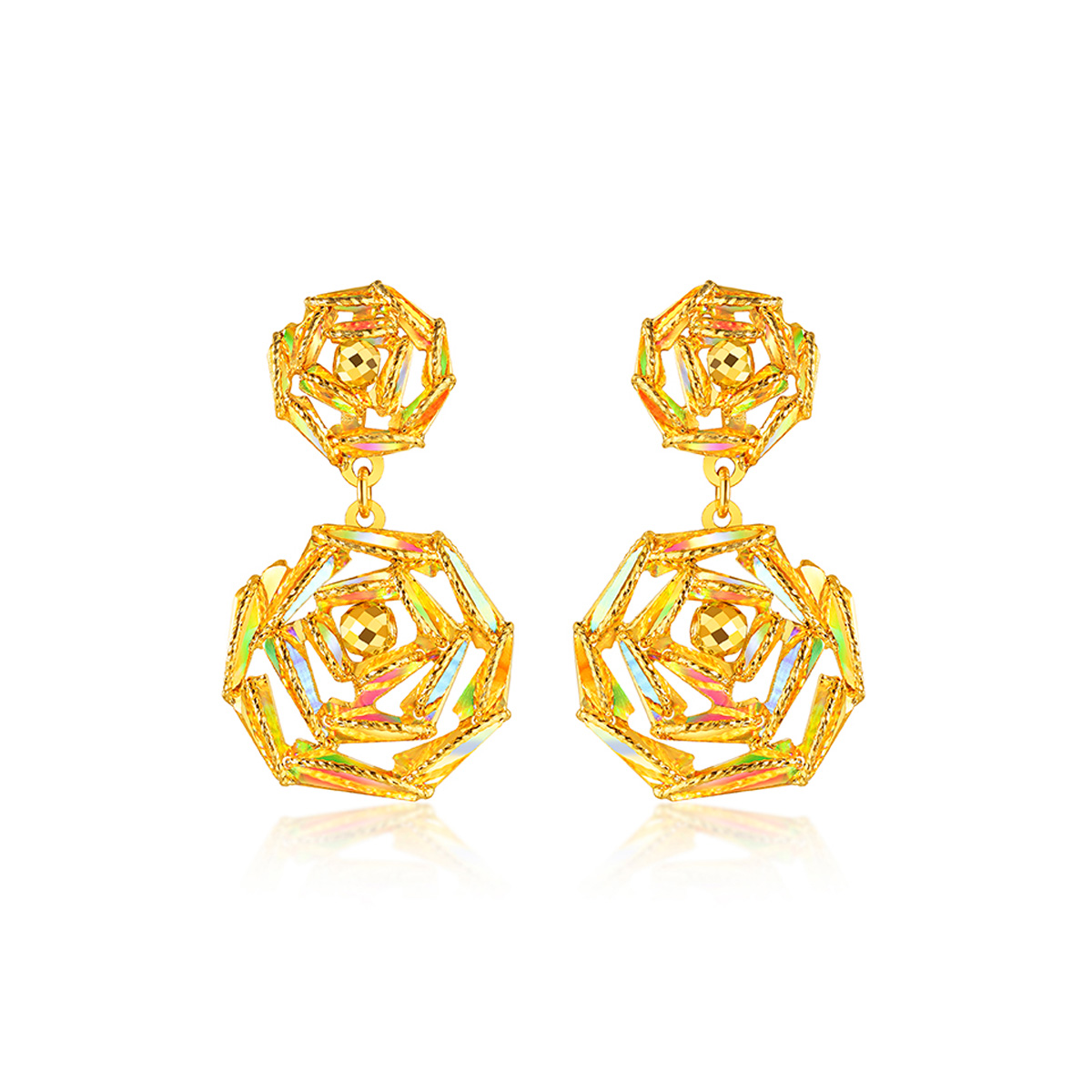 六福珠寶黃金耳環 - “冰‧鑽玫瑰”999足金耳環