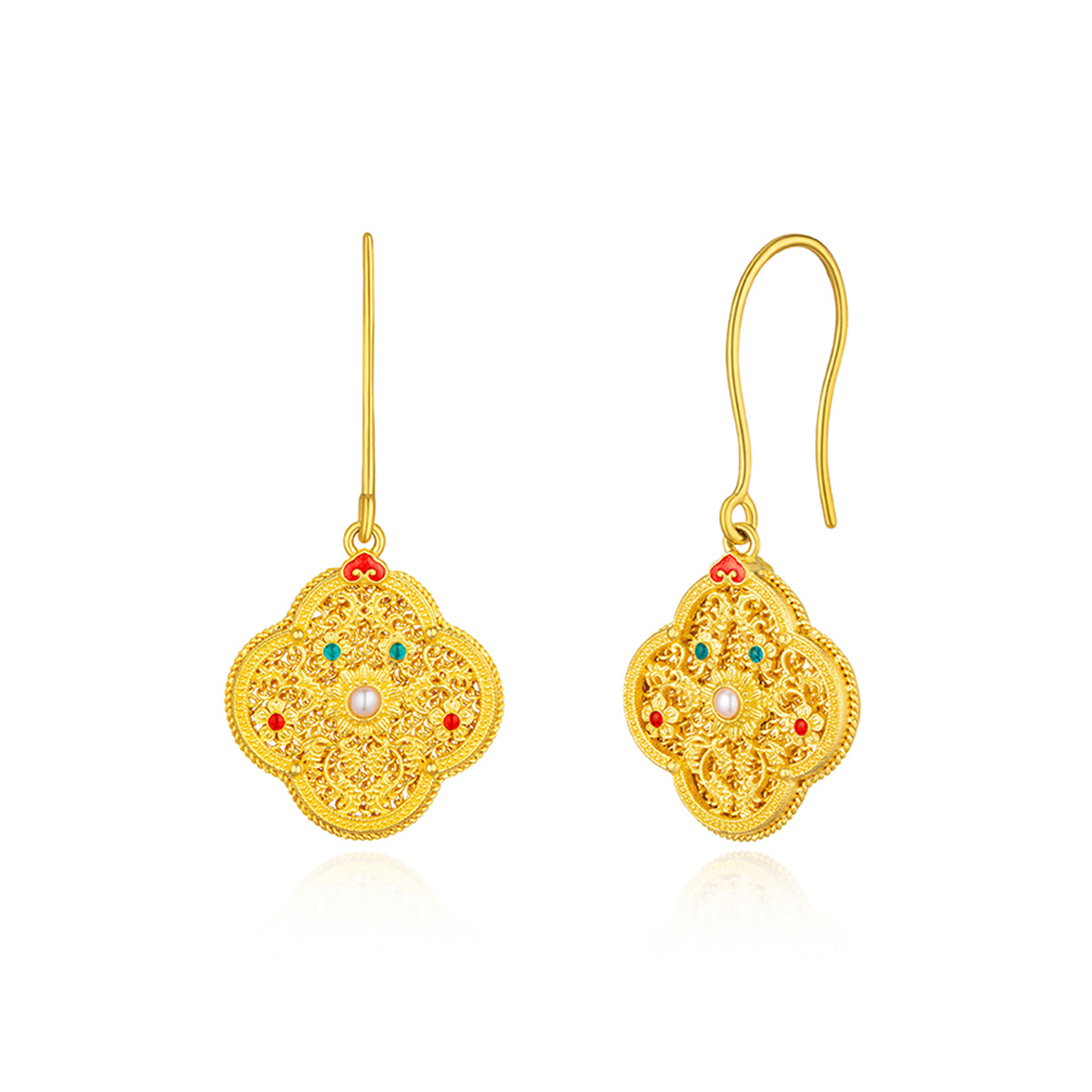 六福珠寶黃金耳環 - "幸運寶相"琺瑯珍珠999.9黃金耳環