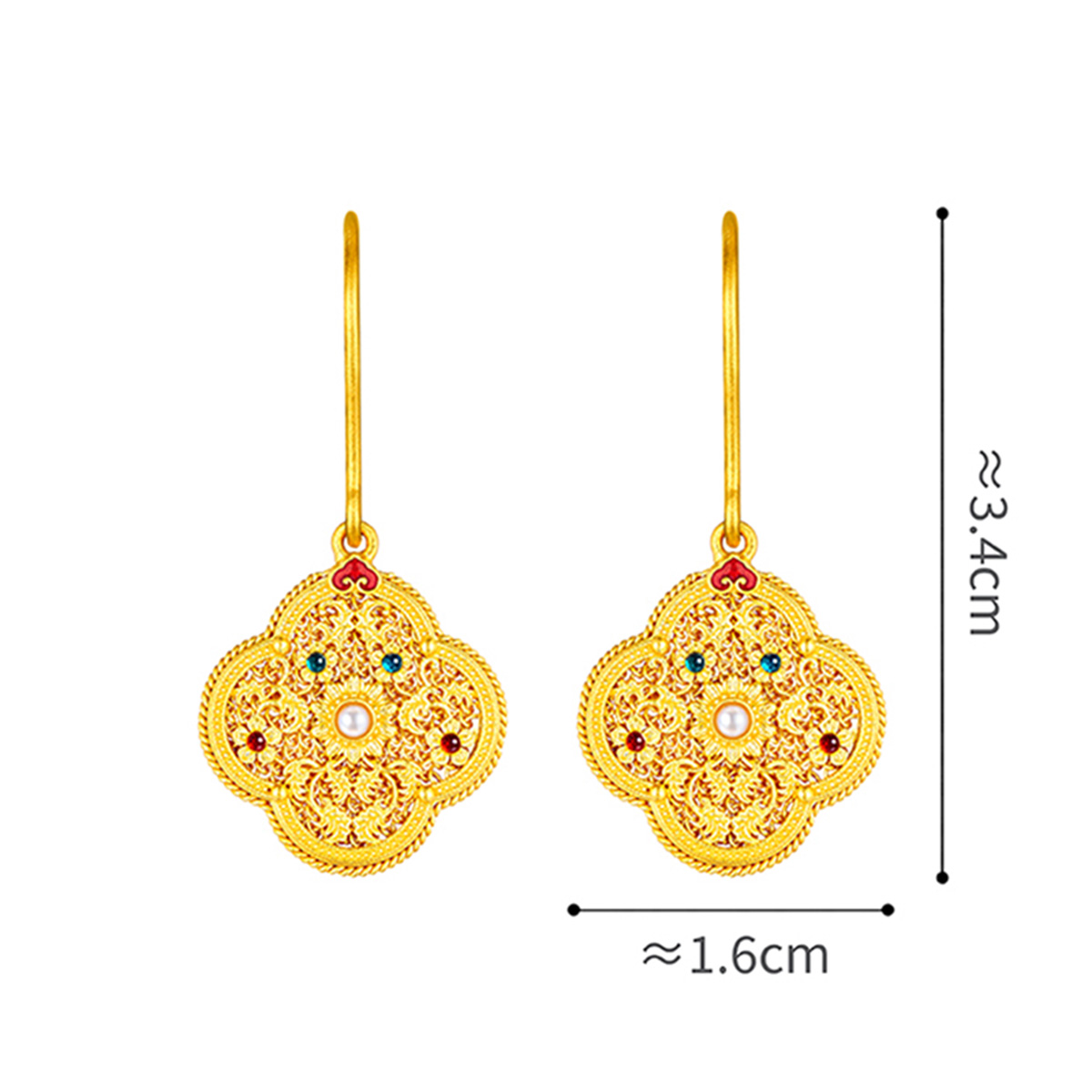 六福珠寶黃金耳環 - "幸運寶相"琺瑯珍珠999.9黃金耳環