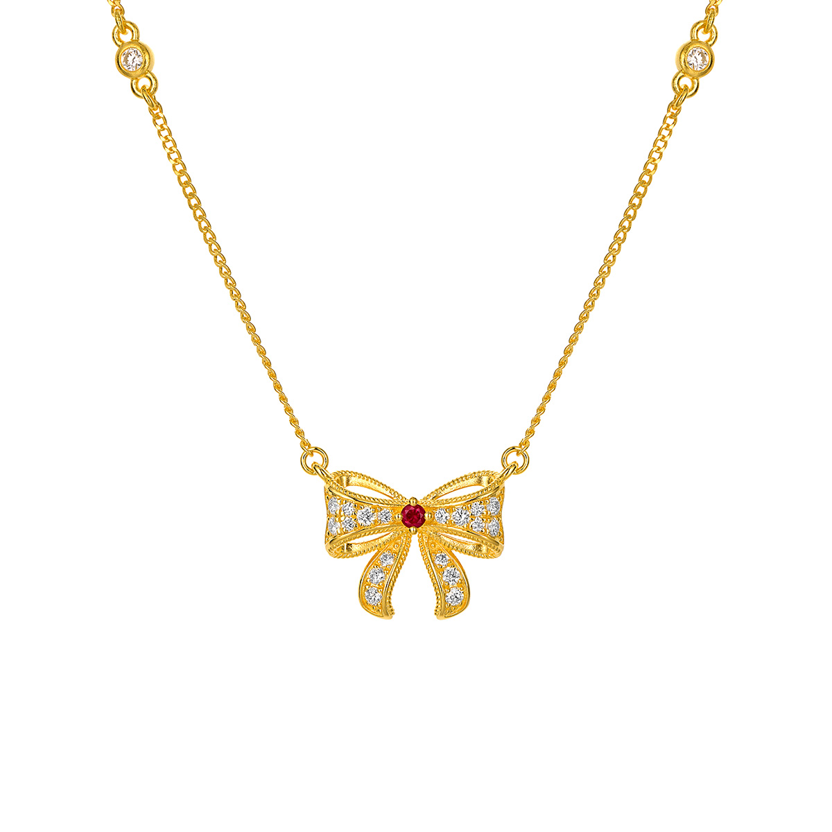 六福珠寶黃金頸鏈 - “綺夢花園”999足金紅寶石鑽石蝴蝶結頸鏈