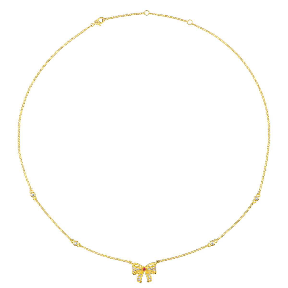 六福珠寶黃金頸鏈 - “綺夢花園”999足金紅寶石鑽石蝴蝶結頸鏈