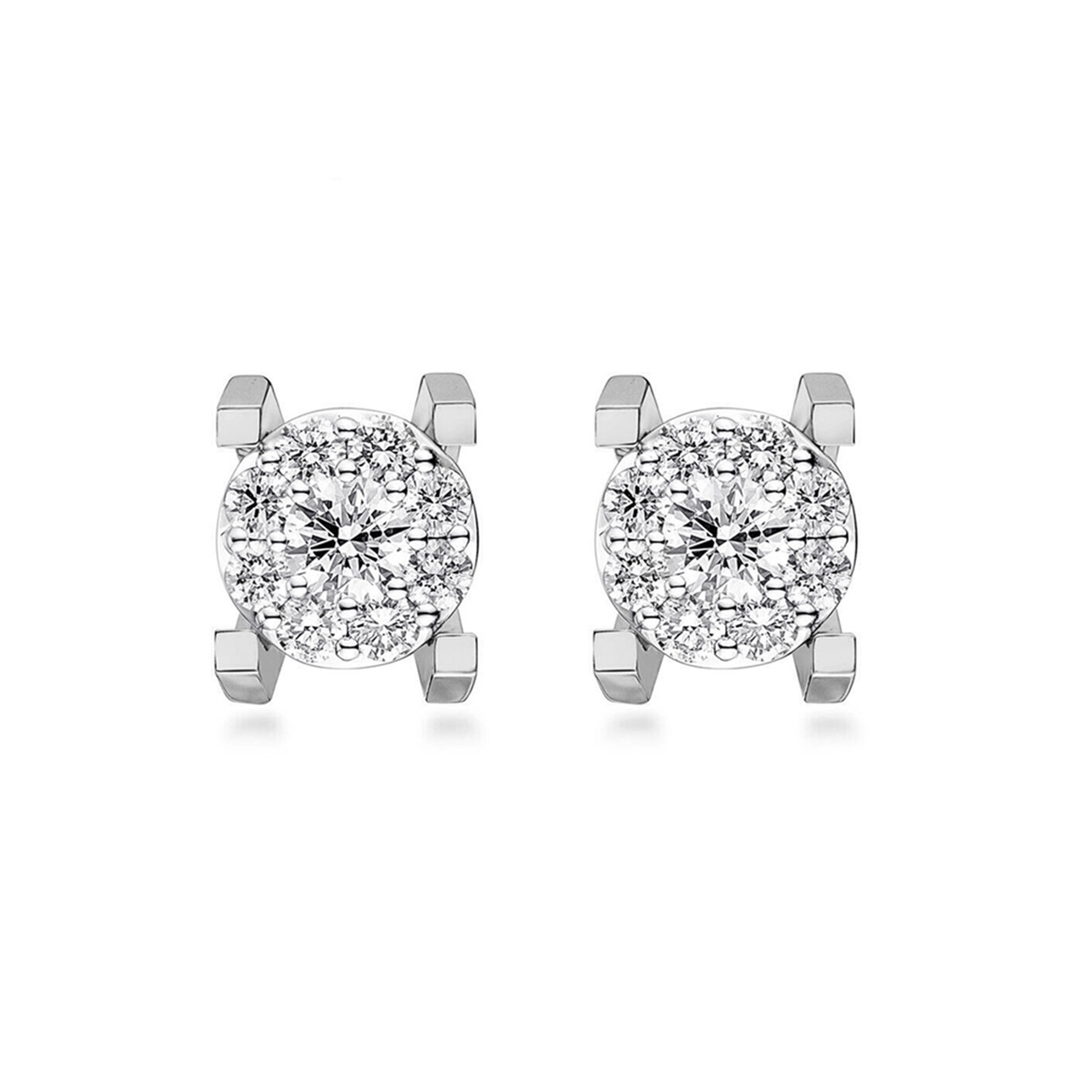 六福珠寶18K金耳環 - “Hexicon”18K(白色)立體長方爪鑽石耳環(圍鑲工藝)