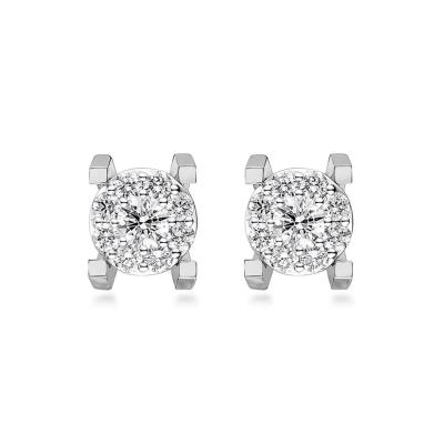 六福珠寶18K金耳環 - “Hexicon”18K(白色)立體長方爪鑽石耳環(圍鑲工藝)